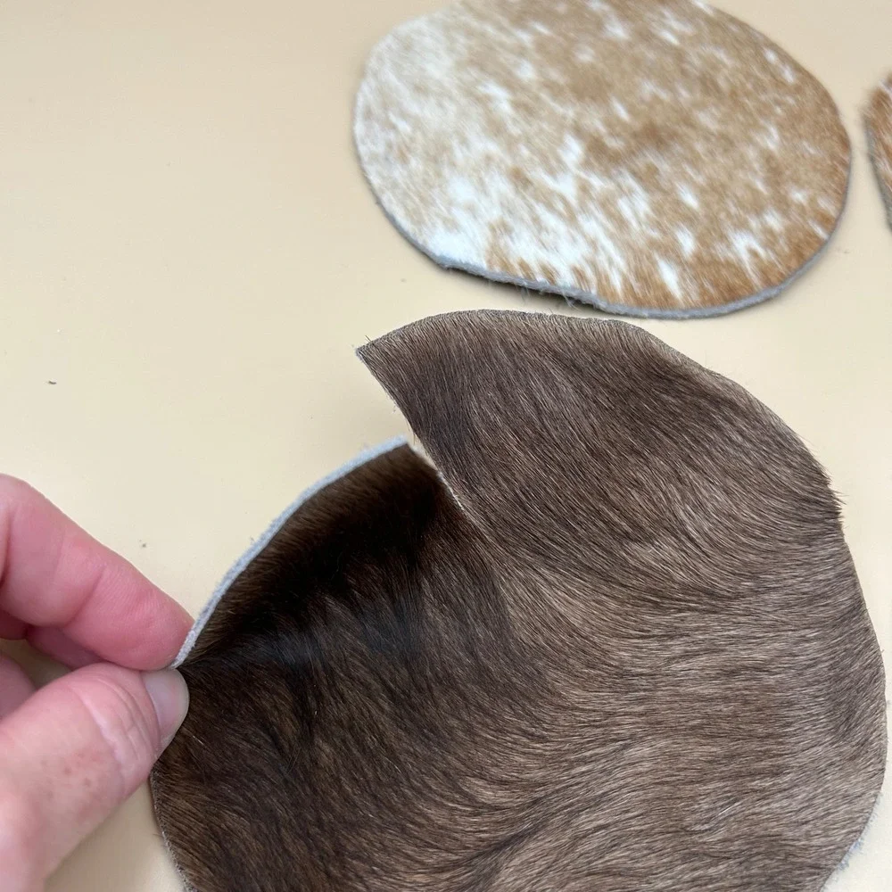 Natural Cowhide Coasters Set of 5 Round Hair on Hide Brown White Western Decor